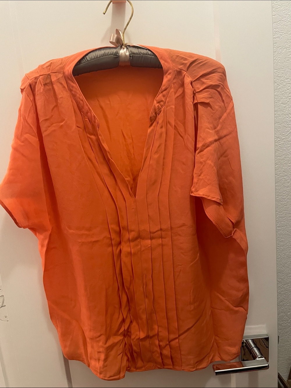 Anthropologie Coral Orange V-Neck Pleated 100% Silk Blouse